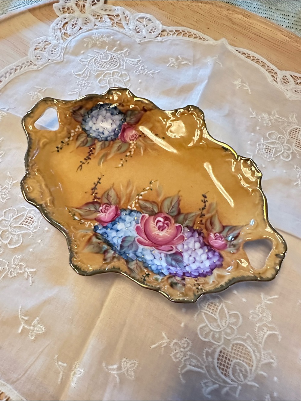 Vintage Floral Porcelain Vanity Tray Blue Hydrangea Pink Rose